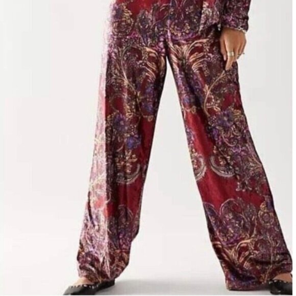Free People Delphine Velvet Paisley Wine Jumpsuit Wide Leg One Piece. Large - Picture 2 of 7
